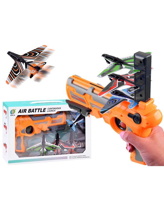 Lėktuvų paleidimo pistoletas + lėktuvai 4 vnt. - oranžinis