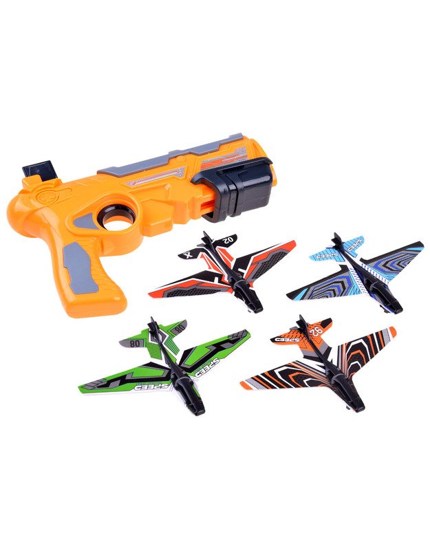 Lėktuvų paleidimo pistoletas + lėktuvai 4 vnt. - oranžinis