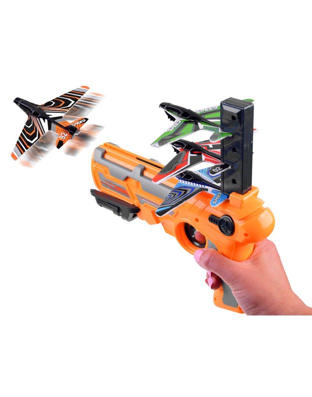 Lėktuvų paleidimo pistoletas + lėktuvai 4 vnt. - oranžinis