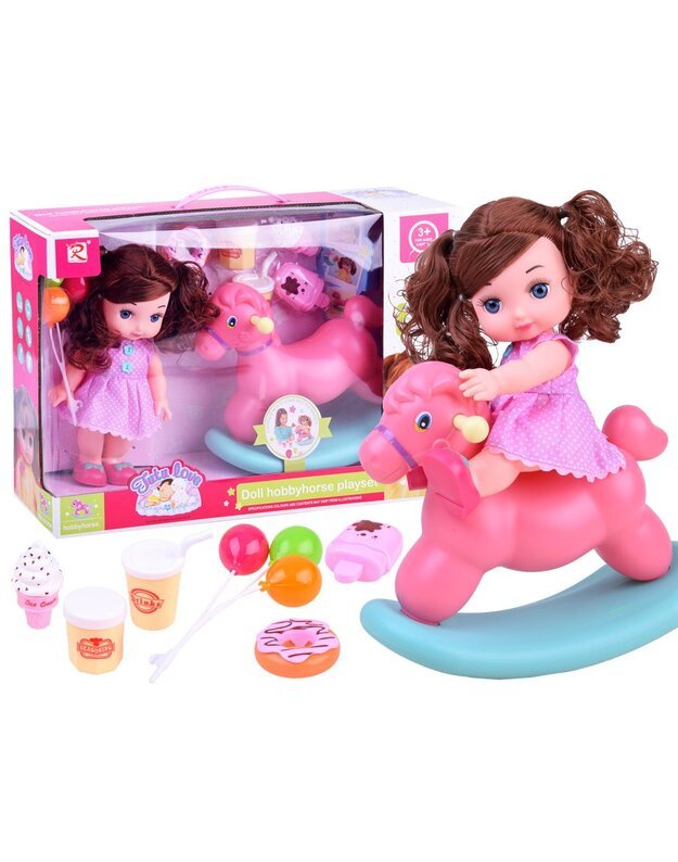 Lėlė kūdikis su supamu arkliuku ir priedais