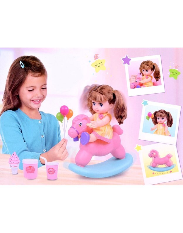 Lėlė kūdikis su supamu arkliuku ir priedais