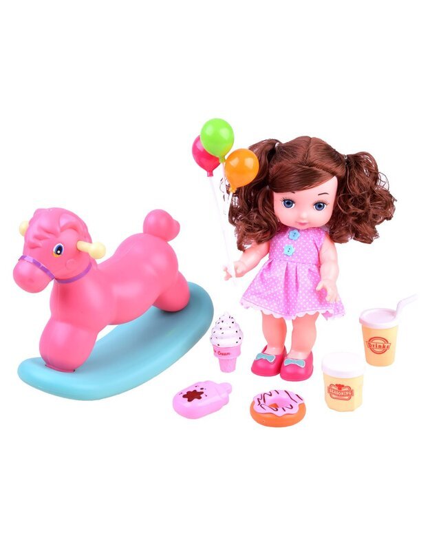 Lėlė kūdikis su supamu arkliuku ir priedais