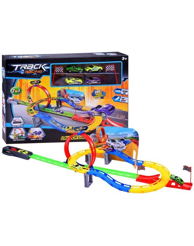 Žaislinių automobiliukų trasa su paleidimo priemone 2in1