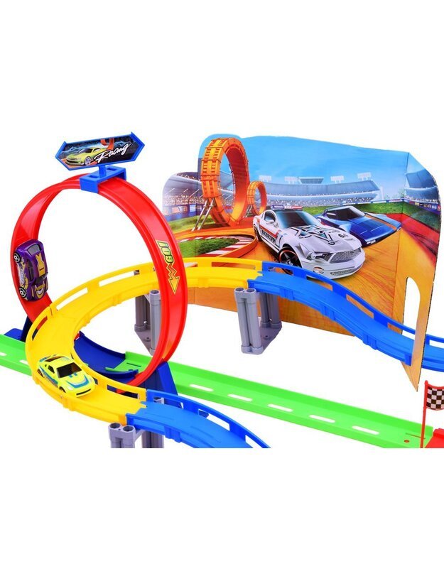 Žaislinių automobiliukų trasa su paleidimo priemone 2in1