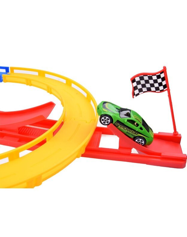Žaislinių automobiliukų trasa su paleidimo priemone 2in1