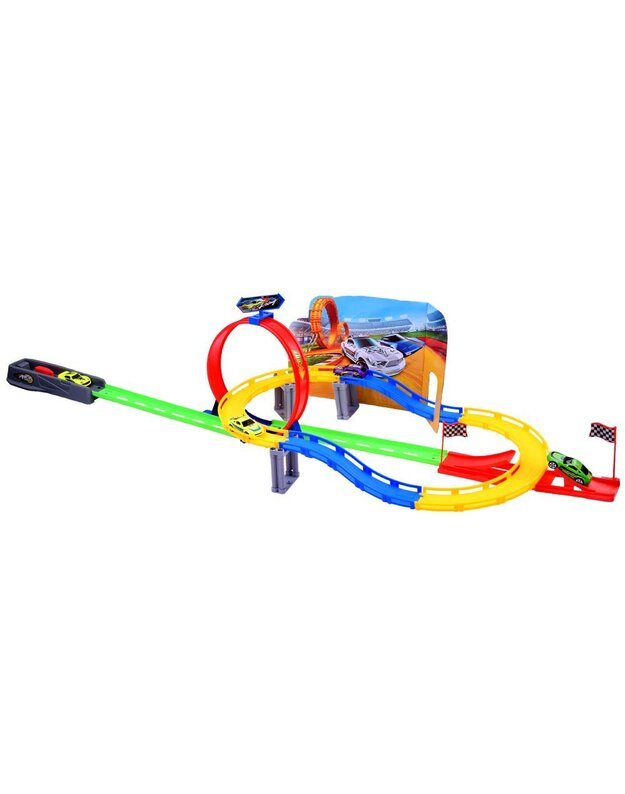 Žaislinių automobiliukų trasa su paleidimo priemone 2in1