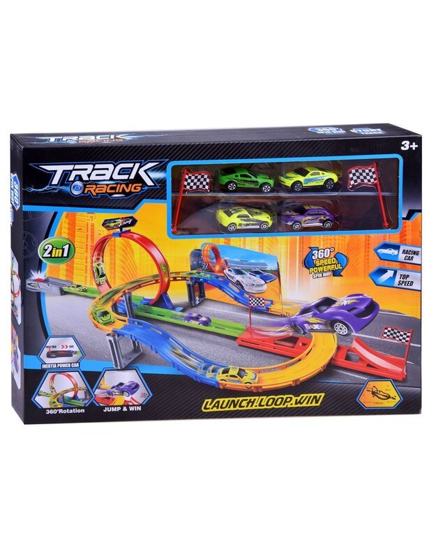 Žaislinių automobiliukų trasa su paleidimo priemone 2in1