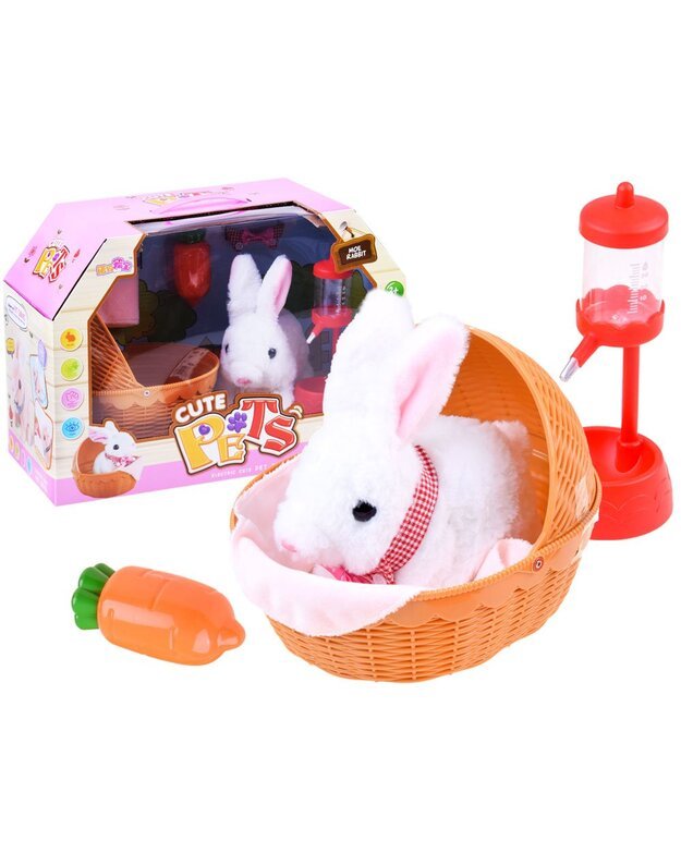 Žaislinis interaktyvus triušiukas krepšelyje - baltas