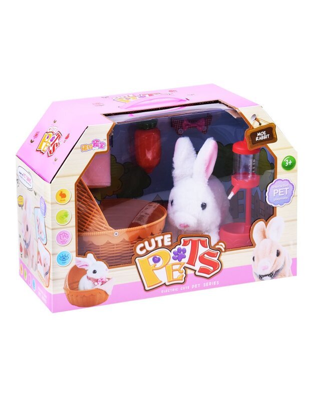 Žaislinis interaktyvus triušiukas krepšelyje - baltas