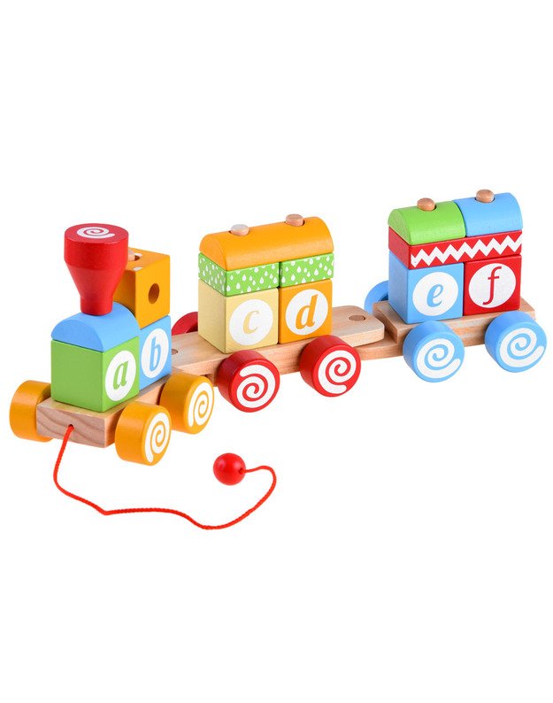 Medinių kaladėlių lokomotyvas su raidėmis 
