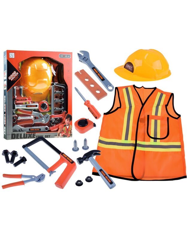 Statybininko liemenė su šalmu  + įrankiai