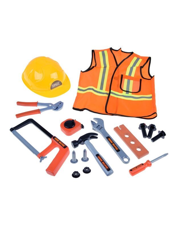 Statybininko liemenė su šalmu  + įrankiai