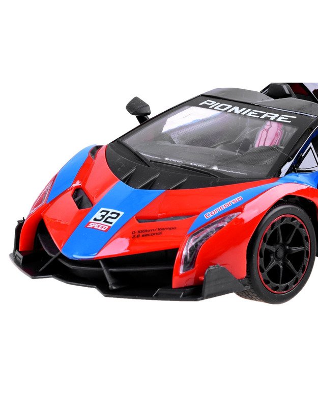 Sportinis automobilis su atidaromomis durelėmis - raudona- mėlyna + nuotolinio valdymo pultas