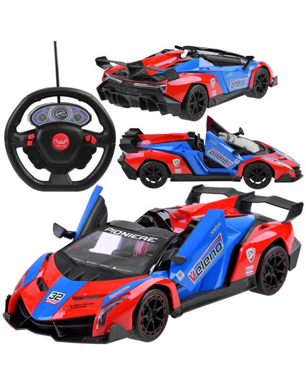 Sportinis automobilis su atidaromomis durelėmis - raudona- mėlyna + nuotolinio valdymo pultas