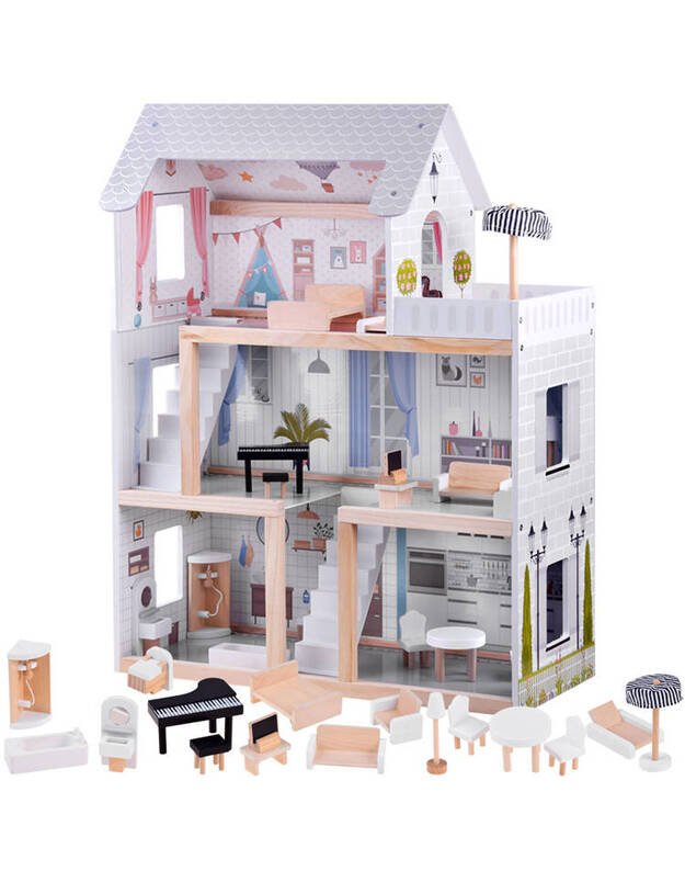 Medinis boho stiliaus lėlių namas su LED šviesa 