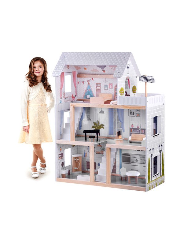 Medinis boho stiliaus lėlių namas su LED šviesa 