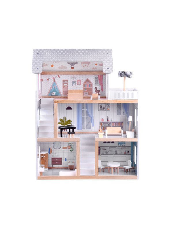 Medinis boho stiliaus lėlių namas su LED šviesa 