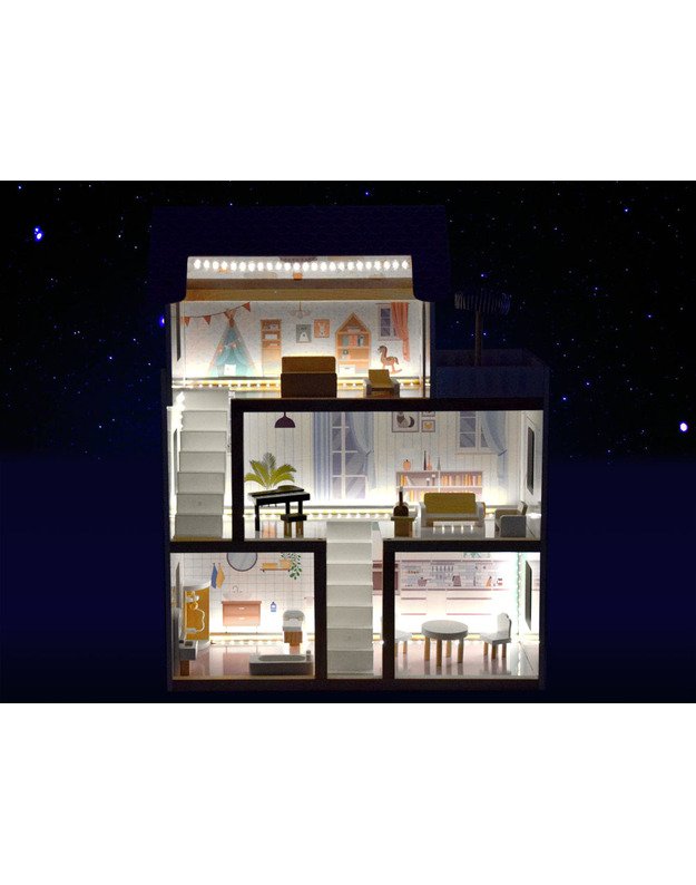 Medinis boho stiliaus lėlių namas su LED šviesa 