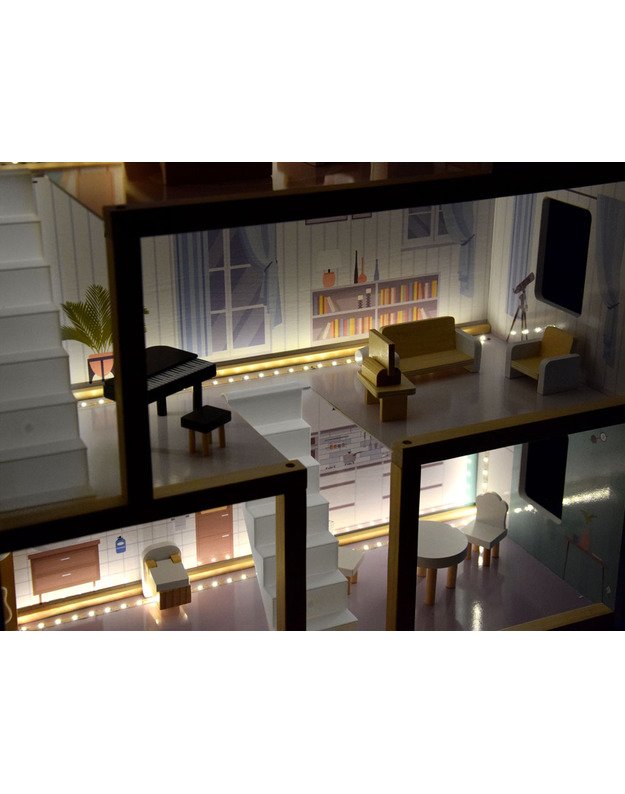 Medinis boho stiliaus lėlių namas su LED šviesa 