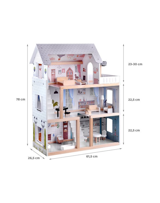 Medinis boho stiliaus lėlių namas su LED šviesa 