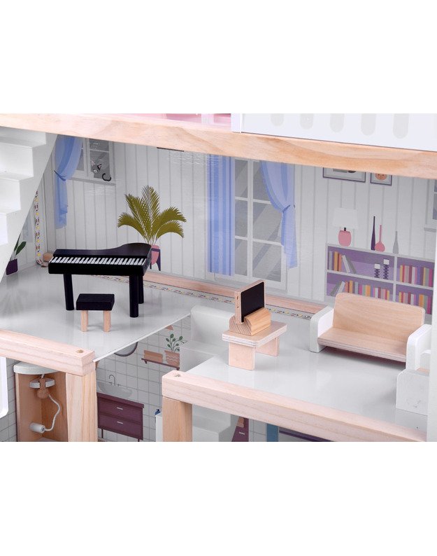 Medinis boho stiliaus lėlių namas su LED šviesa 