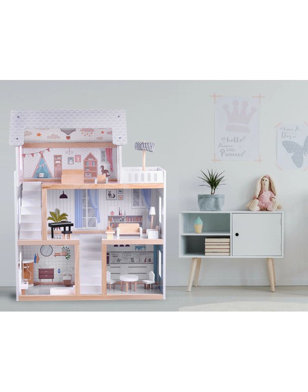 Medinis boho stiliaus lėlių namas su LED šviesa 