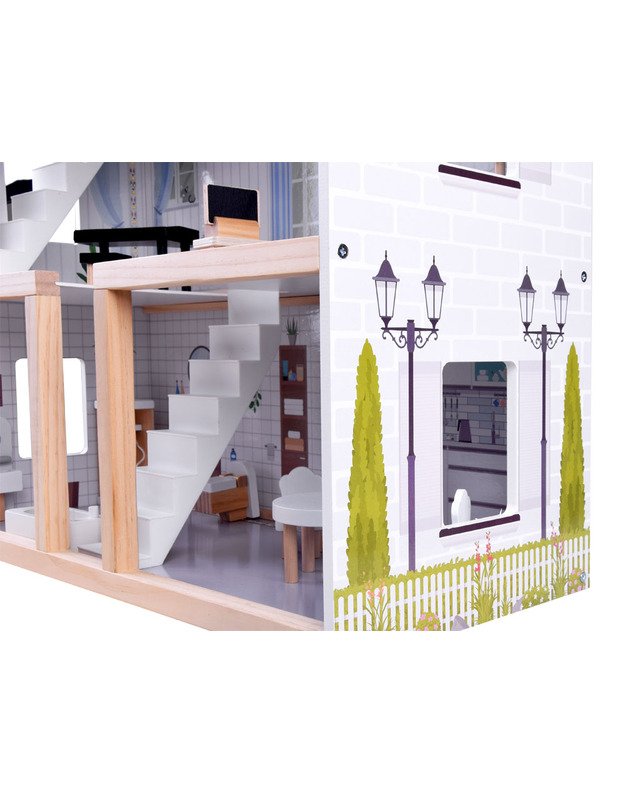 Medinis boho stiliaus lėlių namas su LED šviesa 