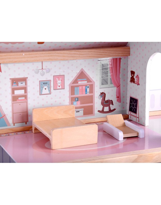 Medinis boho stiliaus lėlių namas su LED šviesa 