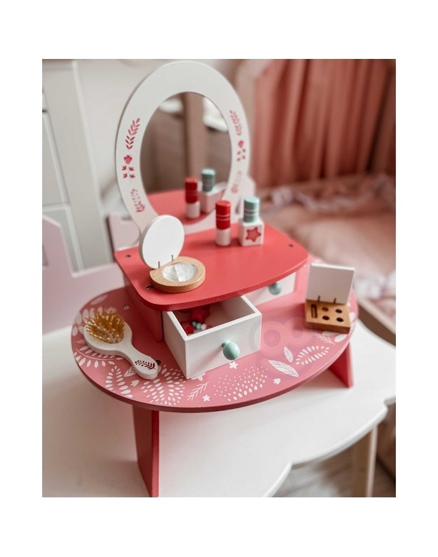 TOOKY TOY rožinis medinis kosmetinis staliukas makiažui su veidrodžiu
