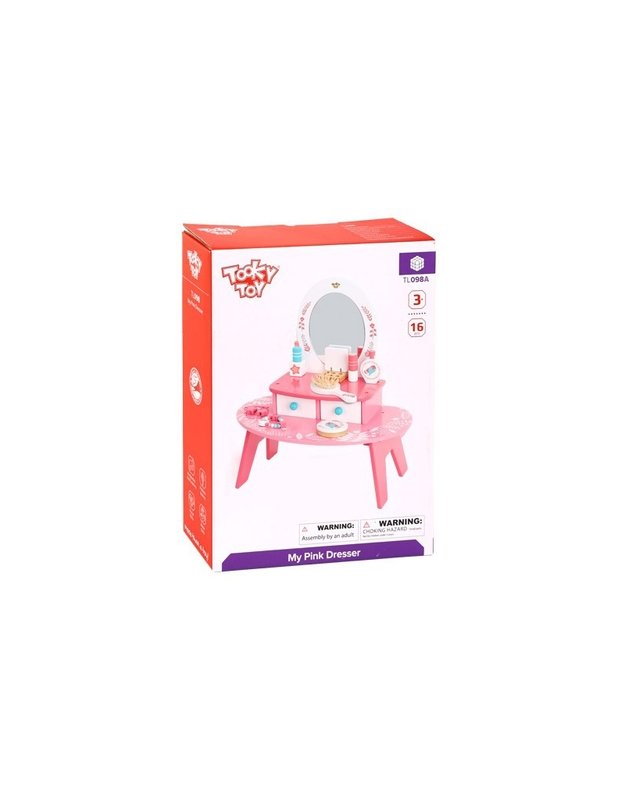 TOOKY TOY rožinis medinis kosmetinis staliukas makiažui su veidrodžiu